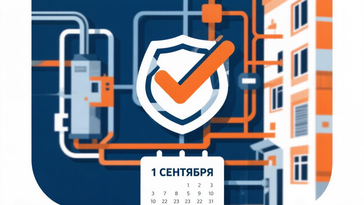 схема системы отопления от котельной до многоквартирного дома с наложенным значком контроля Госкомитета РТ по тарифам и датой 1 сентября. Иллюстрация к статье о новых полномочиях по контролю за исполнением инвестиционных программ в сфере теплоснабжения.